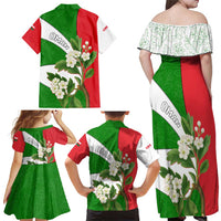 Oman Family Matching Off Shoulder Maxi Dress and Hawaiian Shirt with White Blossom Floral Design and National Flag Colors