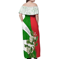 Oman Family Matching Off Shoulder Maxi Dress and Hawaiian Shirt with White Blossom Floral Design and National Flag Colors