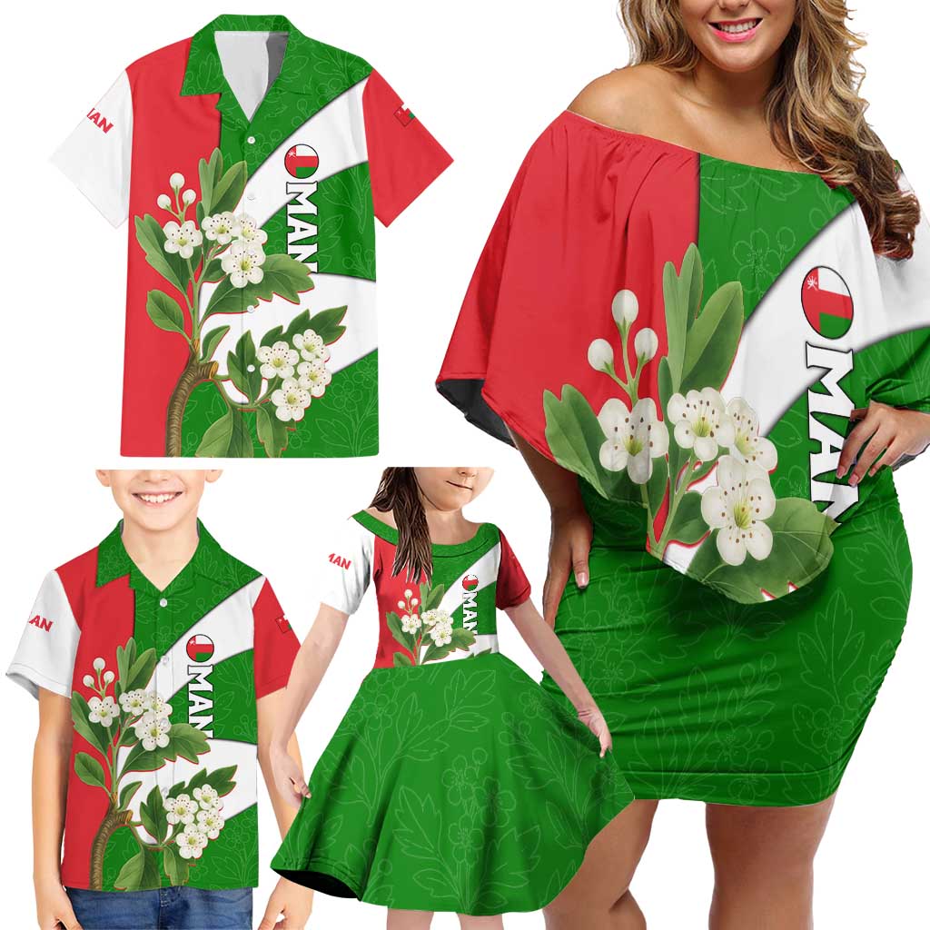 Oman Family Matching Off Shoulder Short Dress and Hawaiian Shirt with White Blossom Floral Design and National Flag Colors