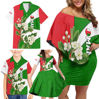 Oman Family Matching Off Shoulder Short Dress and Hawaiian Shirt with White Blossom Floral Design and National Flag Colors