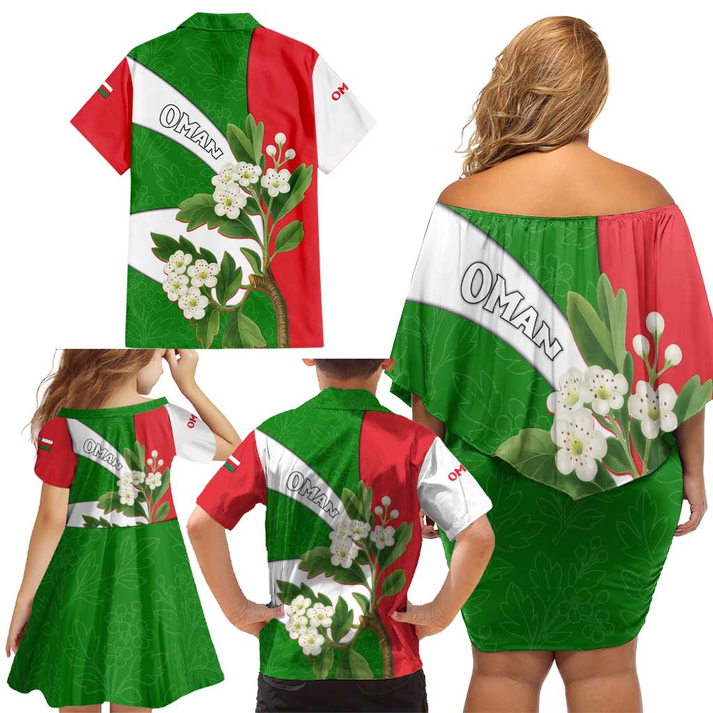 Oman Family Matching Off Shoulder Short Dress and Hawaiian Shirt with White Blossom Floral Design and National Flag Colors