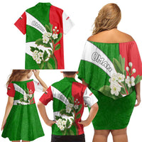 Oman Family Matching Off Shoulder Short Dress and Hawaiian Shirt with White Blossom Floral Design and National Flag Colors