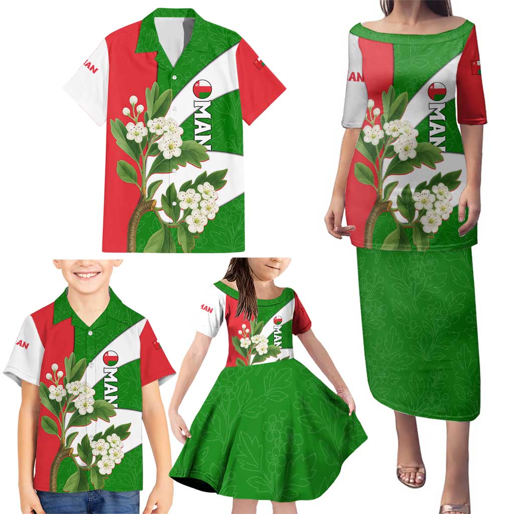 Oman Family Matching Puletasi and Hawaiian Shirt with White Blossom Floral Design and National Flag Colors
