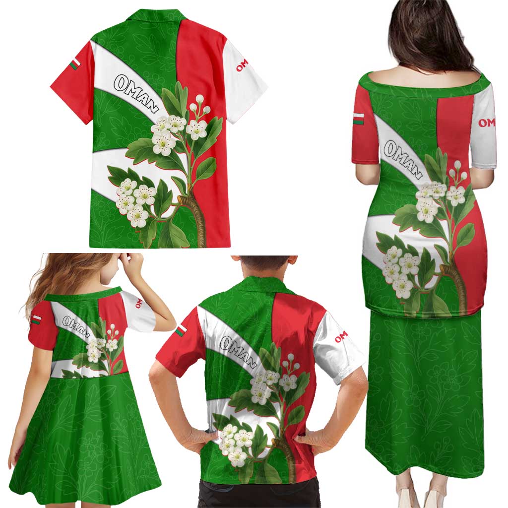 Oman Family Matching Puletasi and Hawaiian Shirt with White Blossom Floral Design and National Flag Colors