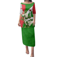 Oman Family Matching Puletasi and Hawaiian Shirt with White Blossom Floral Design and National Flag Colors
