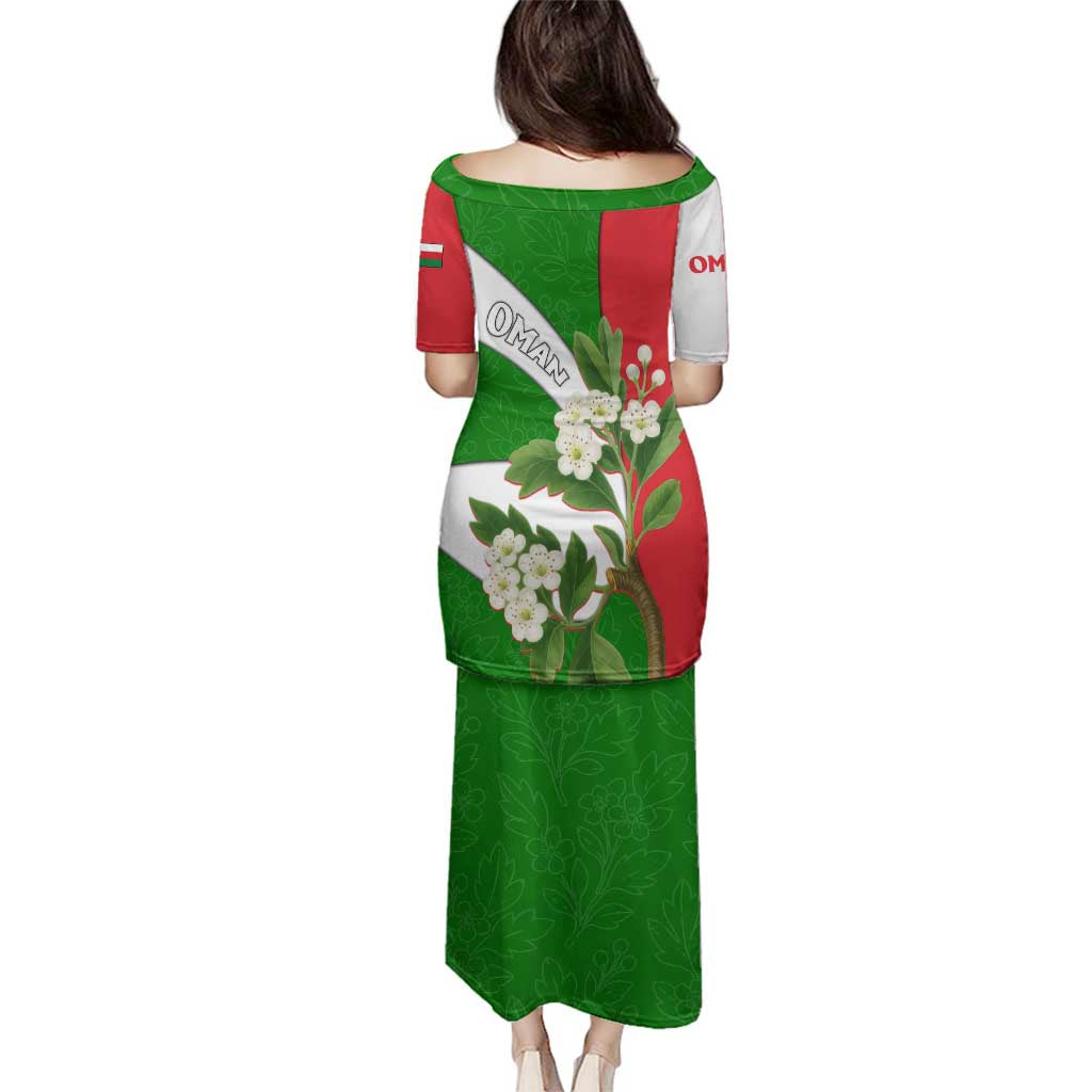 Oman Family Matching Puletasi and Hawaiian Shirt with White Blossom Floral Design and National Flag Colors