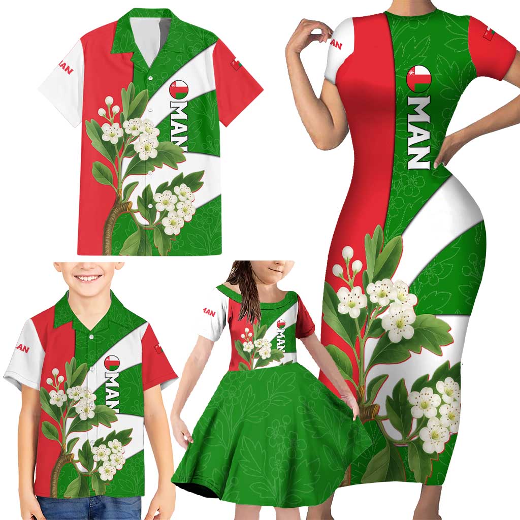 Oman Family Matching Short Sleeve Bodycon Dress and Hawaiian Shirt with White Blossom Floral Design and National Flag Colors