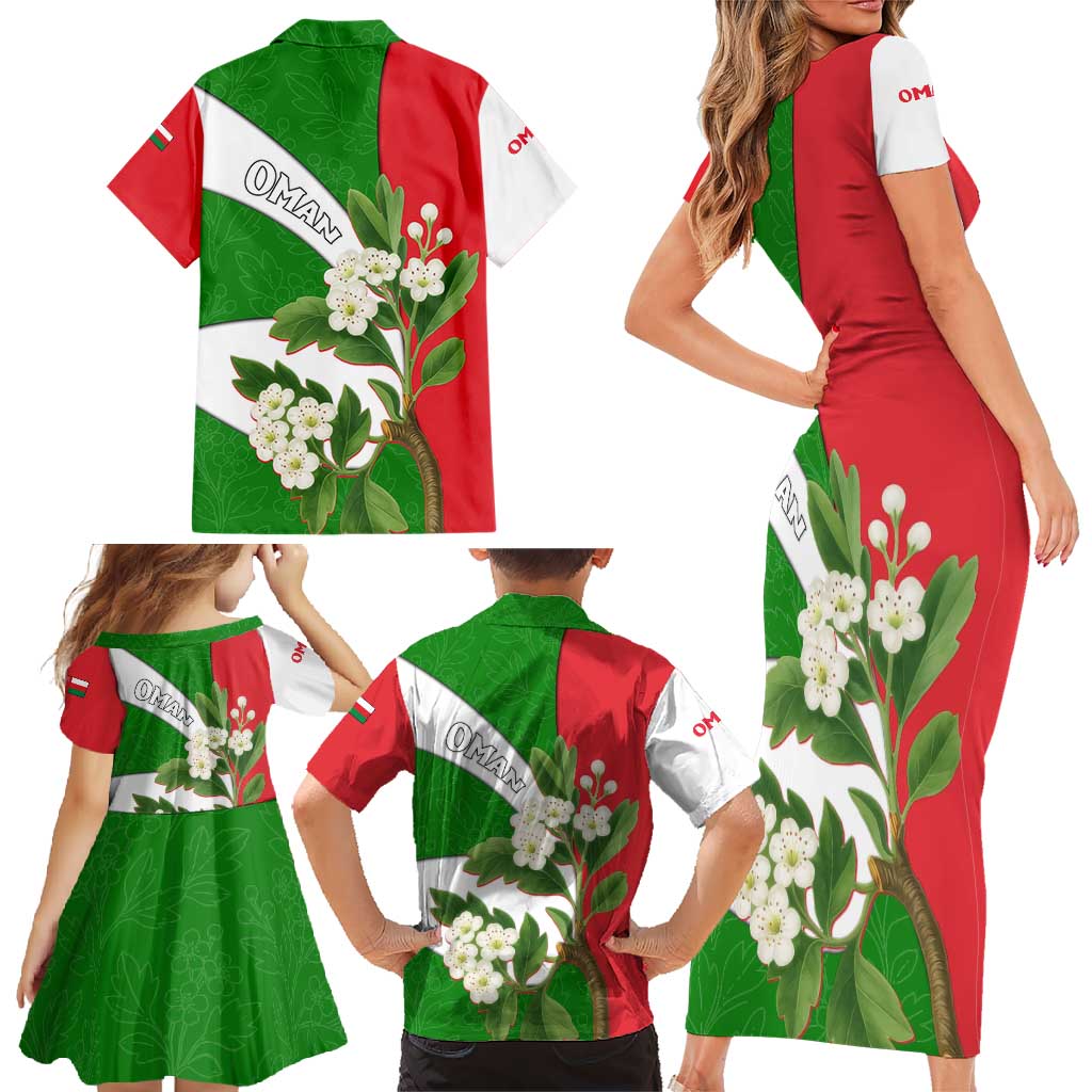 Oman Family Matching Short Sleeve Bodycon Dress and Hawaiian Shirt with White Blossom Floral Design and National Flag Colors