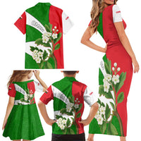Oman Family Matching Short Sleeve Bodycon Dress and Hawaiian Shirt with White Blossom Floral Design and National Flag Colors