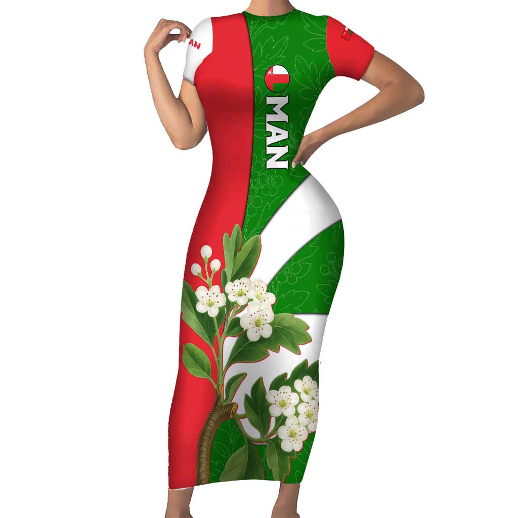 Oman Family Matching Short Sleeve Bodycon Dress and Hawaiian Shirt with White Blossom Floral Design and National Flag Colors