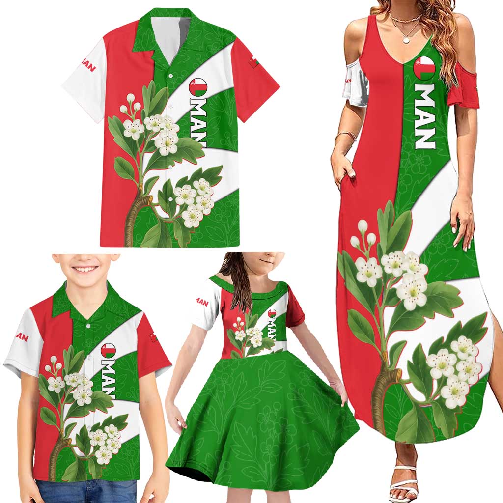 Oman Family Matching Summer Maxi Dress and Hawaiian Shirt with White Blossom Floral Design and National Flag Colors