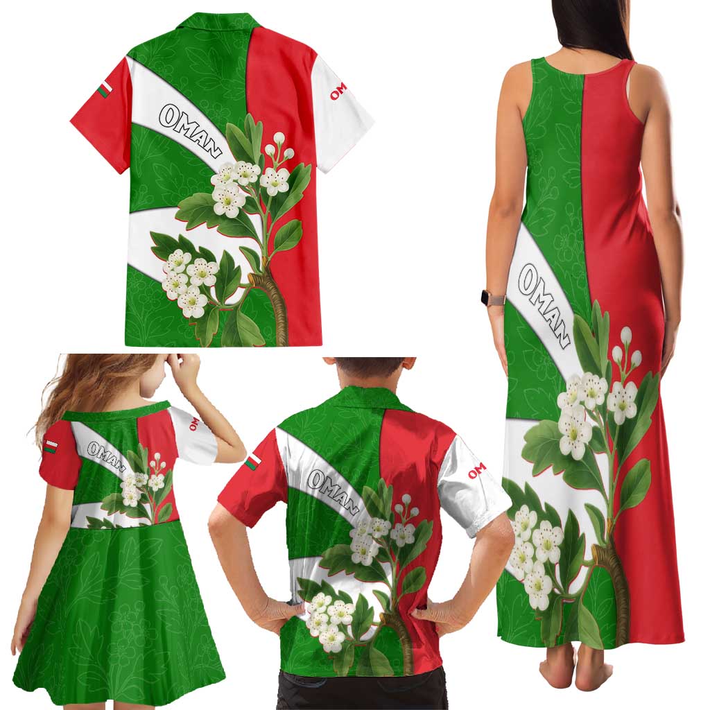 Oman Family Matching Tank Maxi Dress and Hawaiian Shirt with White Blossom Floral Design and National Flag Colors