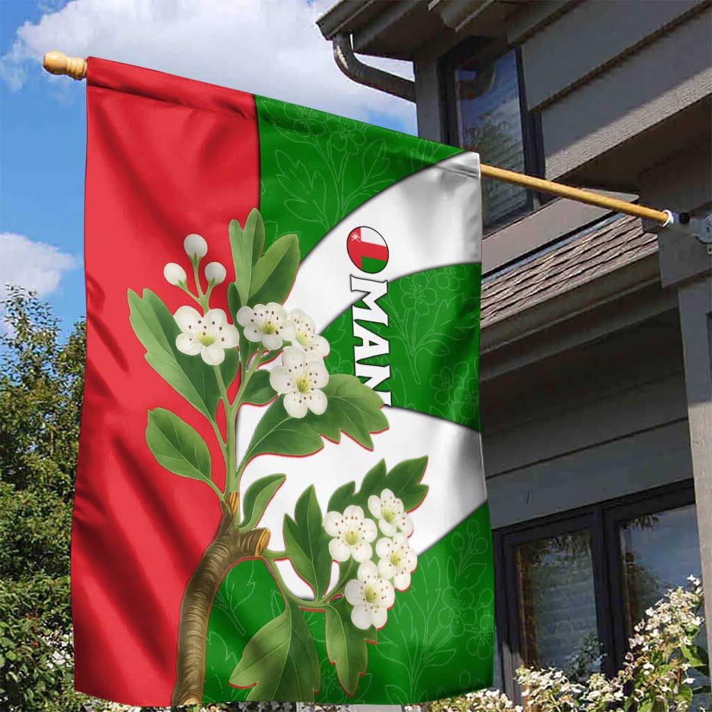 Oman Garden Flag with White Blossom Floral Design and National Flag Colors