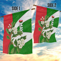 Oman Garden Flag with White Blossom Floral Design and National Flag Colors