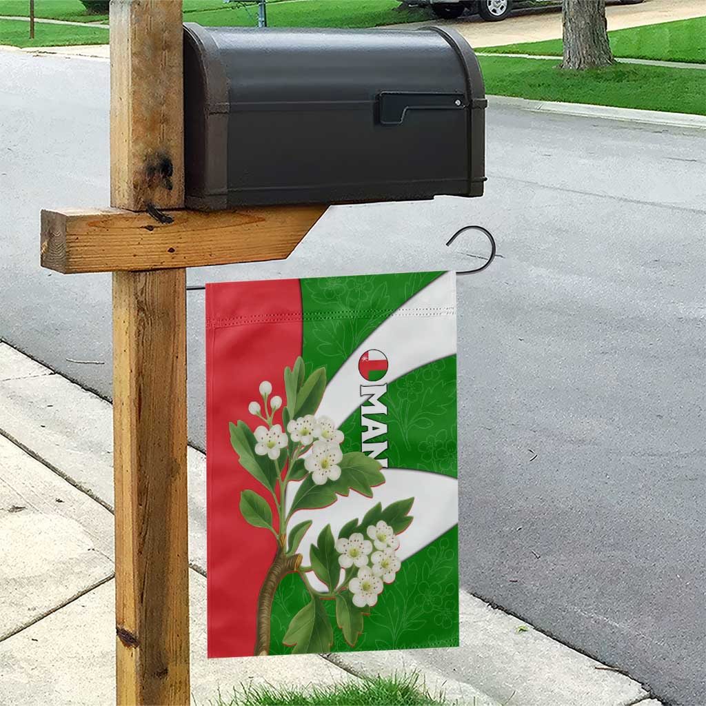 Oman Garden Flag with White Blossom Floral Design and National Flag Colors