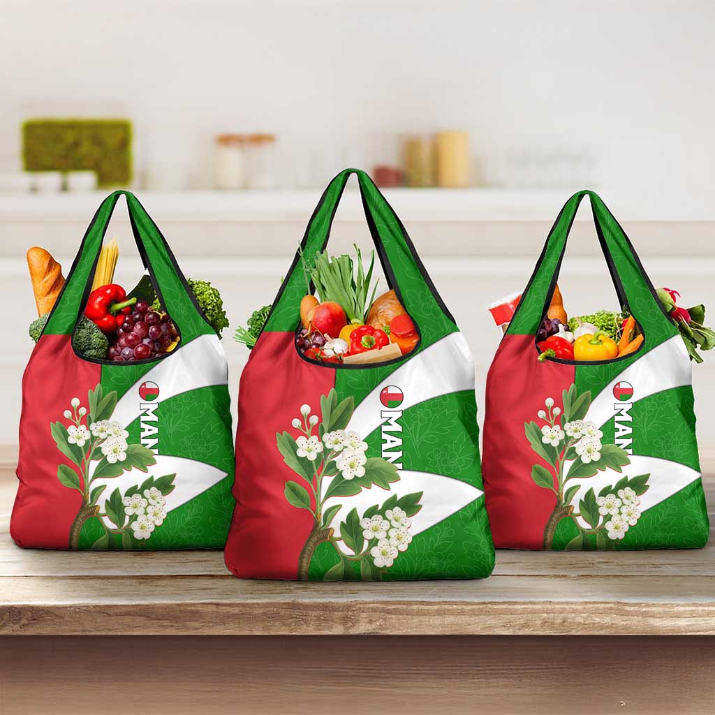 Oman Grocery Bag with White Blossom Floral Design and National Flag Colors