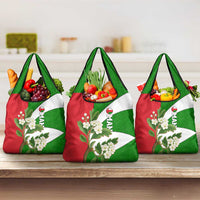 Oman Grocery Bag with White Blossom Floral Design and National Flag Colors
