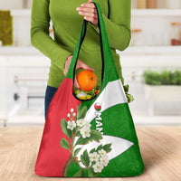 Oman Grocery Bag with White Blossom Floral Design and National Flag Colors