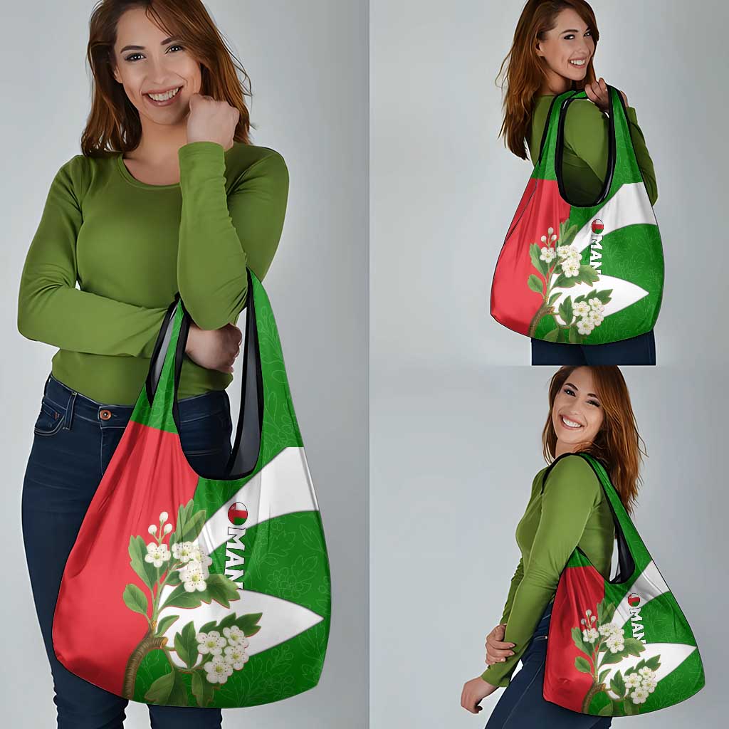 Oman Grocery Bag with White Blossom Floral Design and National Flag Colors