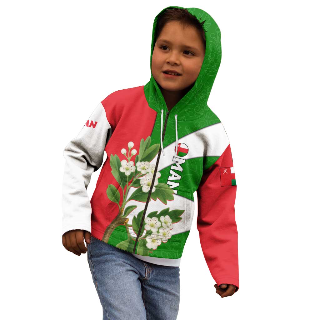 Oman Kid Hoodie with White Blossom Floral Design and National Flag Colors