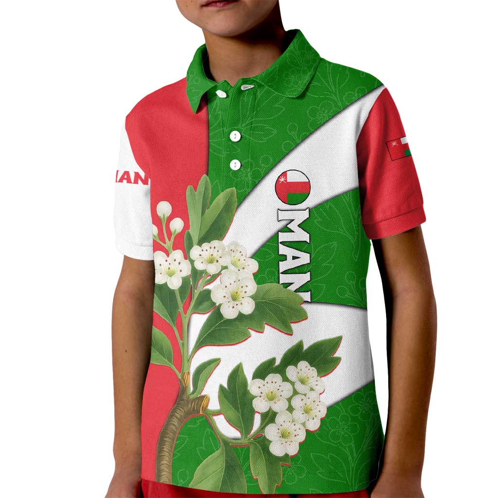 Oman Kid Polo Shirt with White Blossom Floral Design and National Flag Colors