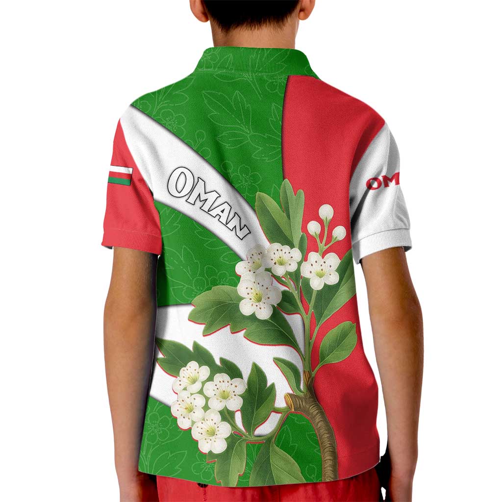 Oman Kid Polo Shirt with White Blossom Floral Design and National Flag Colors