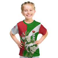 Oman Kid T Shirt with White Blossom Floral Design and National Flag Colors