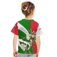 Oman Kid T Shirt with White Blossom Floral Design and National Flag Colors