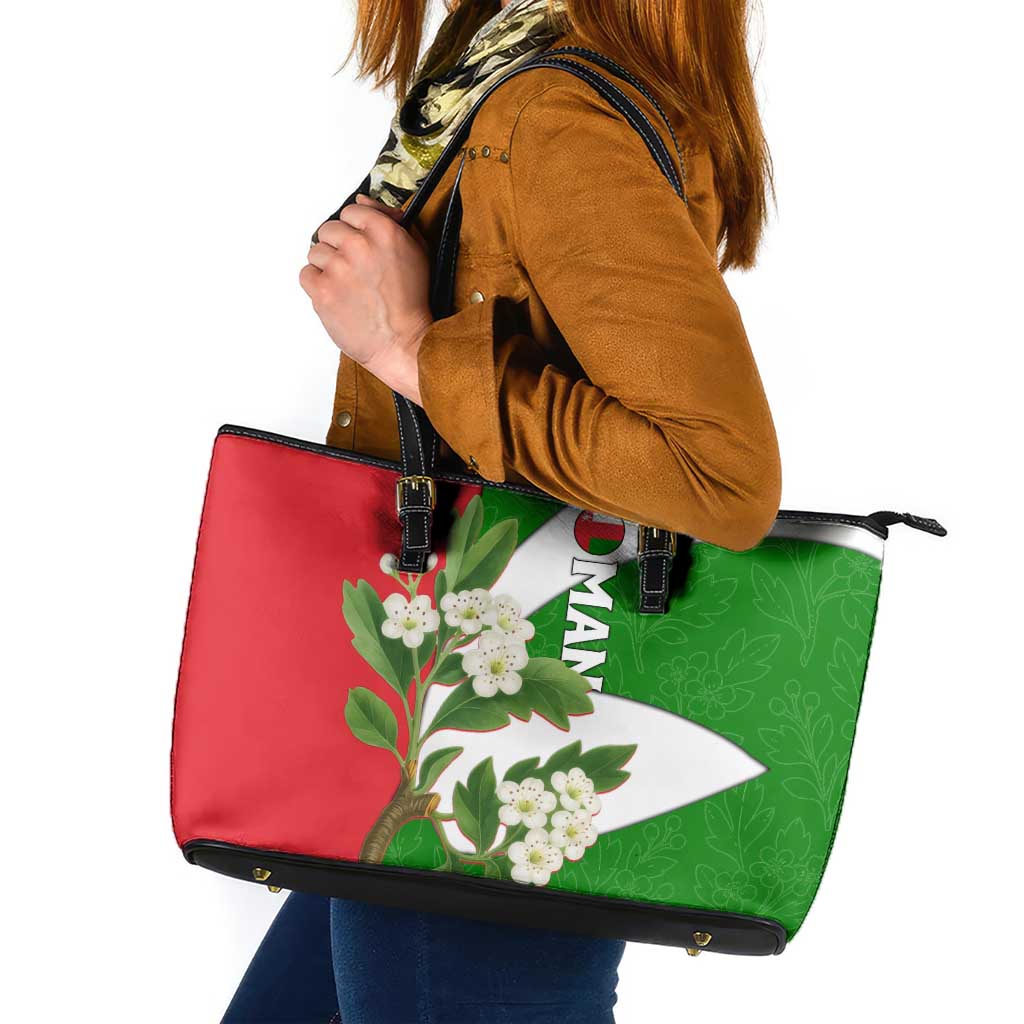 Oman Leather Tote Bag with White Blossom Floral Design and National Flag Colors