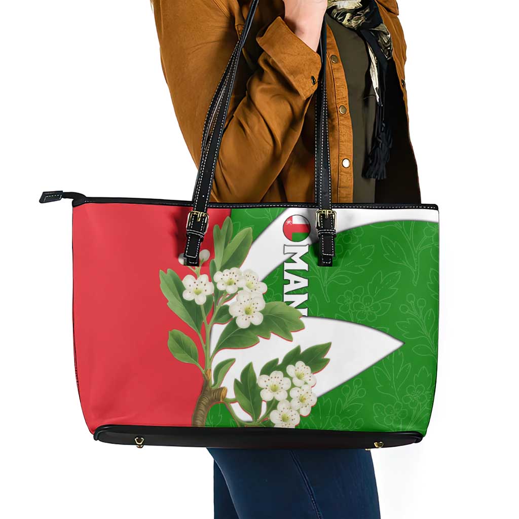 Oman Leather Tote Bag with White Blossom Floral Design and National Flag Colors