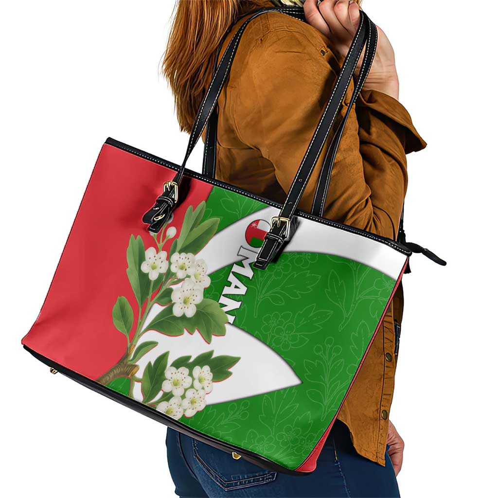 Oman Leather Tote Bag with White Blossom Floral Design and National Flag Colors