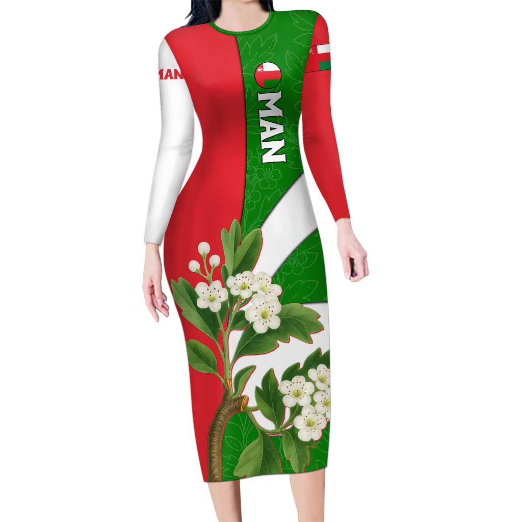 Oman Long Sleeve Bodycon Dress with White Blossom Floral Design and National Flag Colors