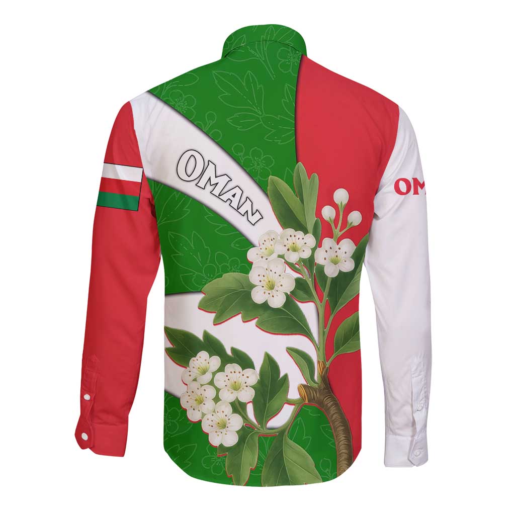 Oman Long Sleeve Button Shirt with White Blossom Floral Design and National Flag Colors