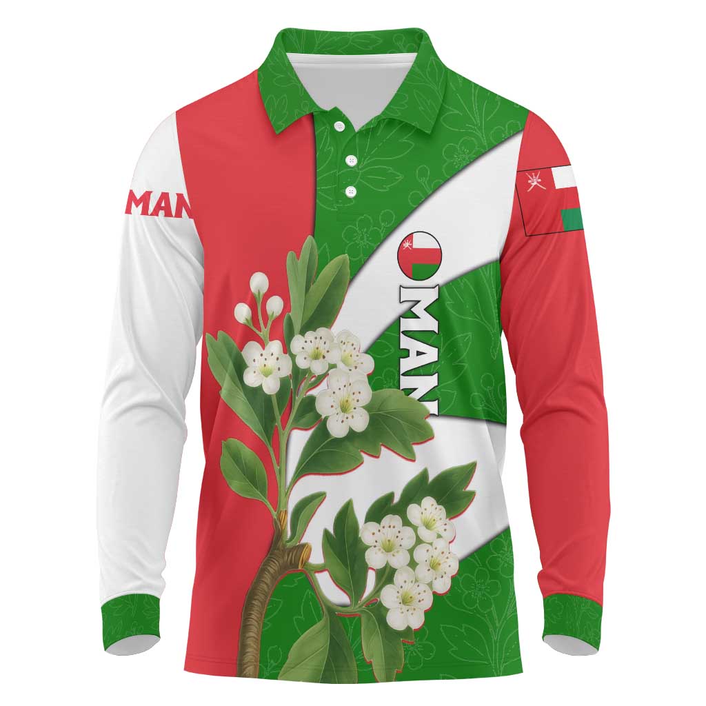 Oman Long Sleeve Polo Shirt with White Blossom Floral Design and National Flag Colors