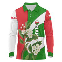 Oman Long Sleeve Polo Shirt with White Blossom Floral Design and National Flag Colors