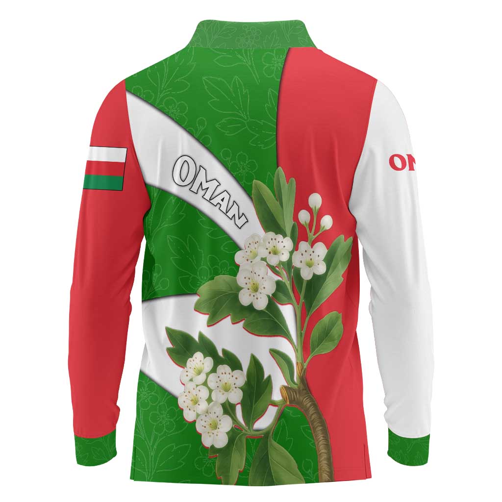 Oman Long Sleeve Polo Shirt with White Blossom Floral Design and National Flag Colors