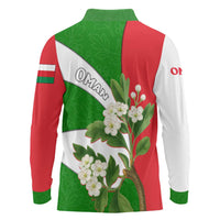 Oman Long Sleeve Polo Shirt with White Blossom Floral Design and National Flag Colors