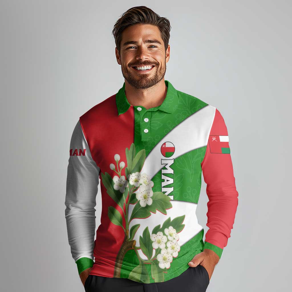 Oman Long Sleeve Polo Shirt with White Blossom Floral Design and National Flag Colors