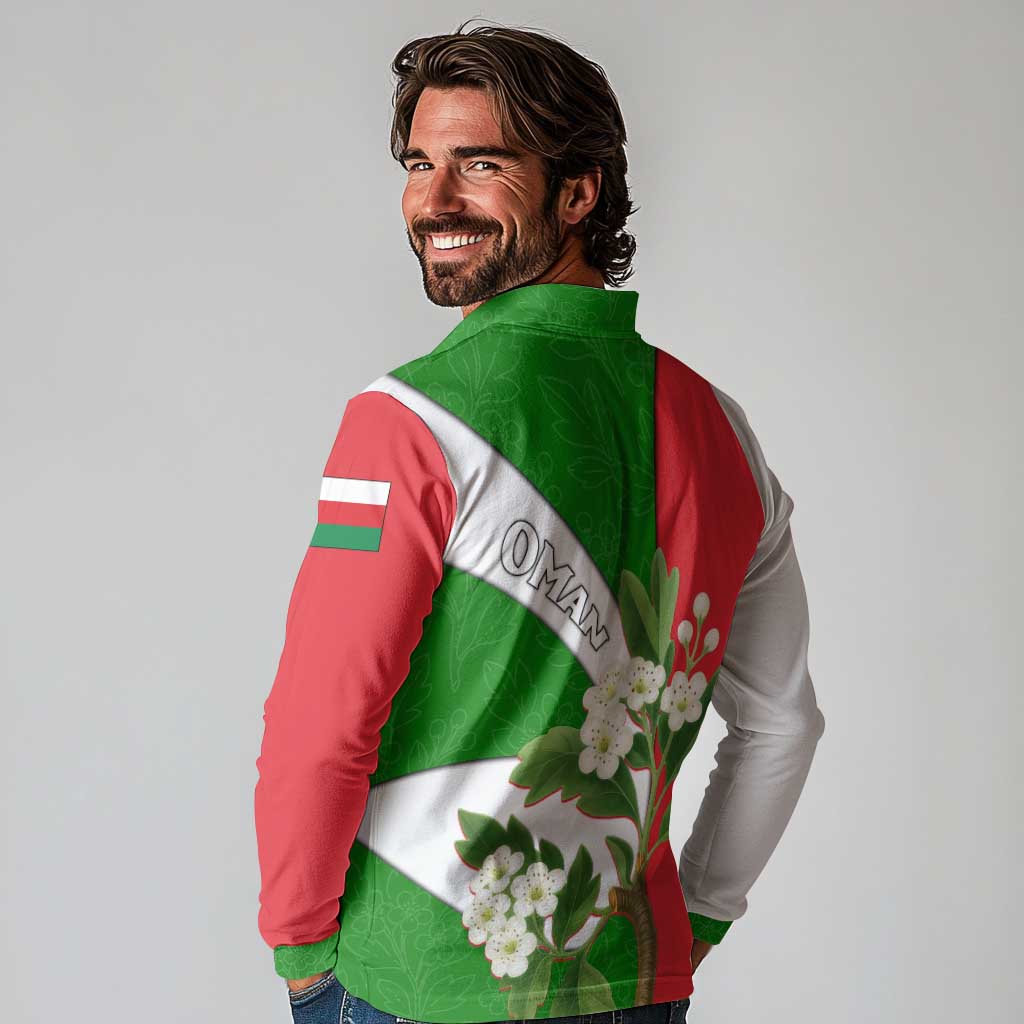 Oman Long Sleeve Polo Shirt with White Blossom Floral Design and National Flag Colors