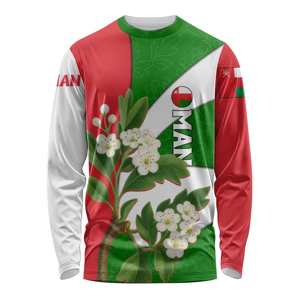 Oman Long Sleeve Shirt with White Blossom Floral Design and National Flag Colors