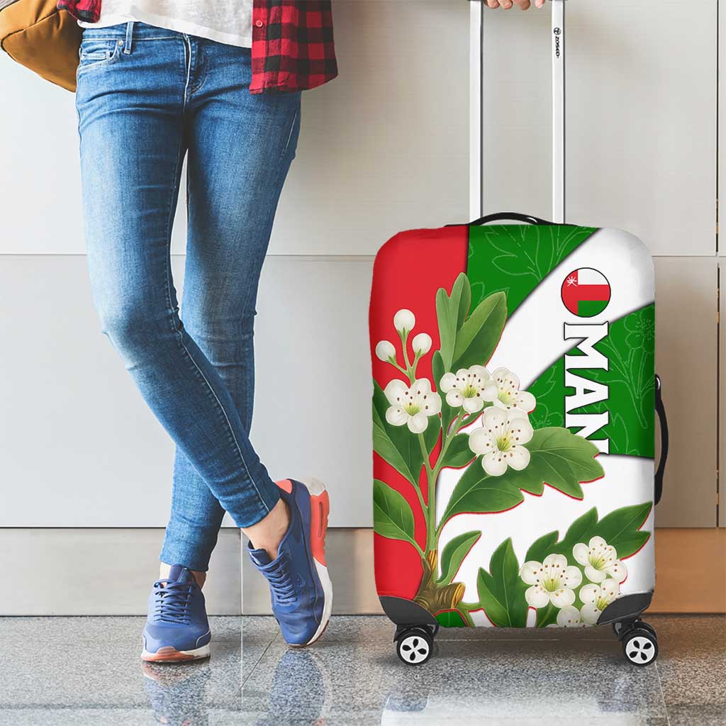 Oman Luggage Cover with White Blossom Floral Design and National Flag Colors