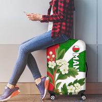 Oman Luggage Cover with White Blossom Floral Design and National Flag Colors