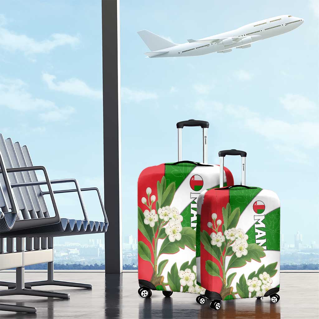 Oman Luggage Cover with White Blossom Floral Design and National Flag Colors