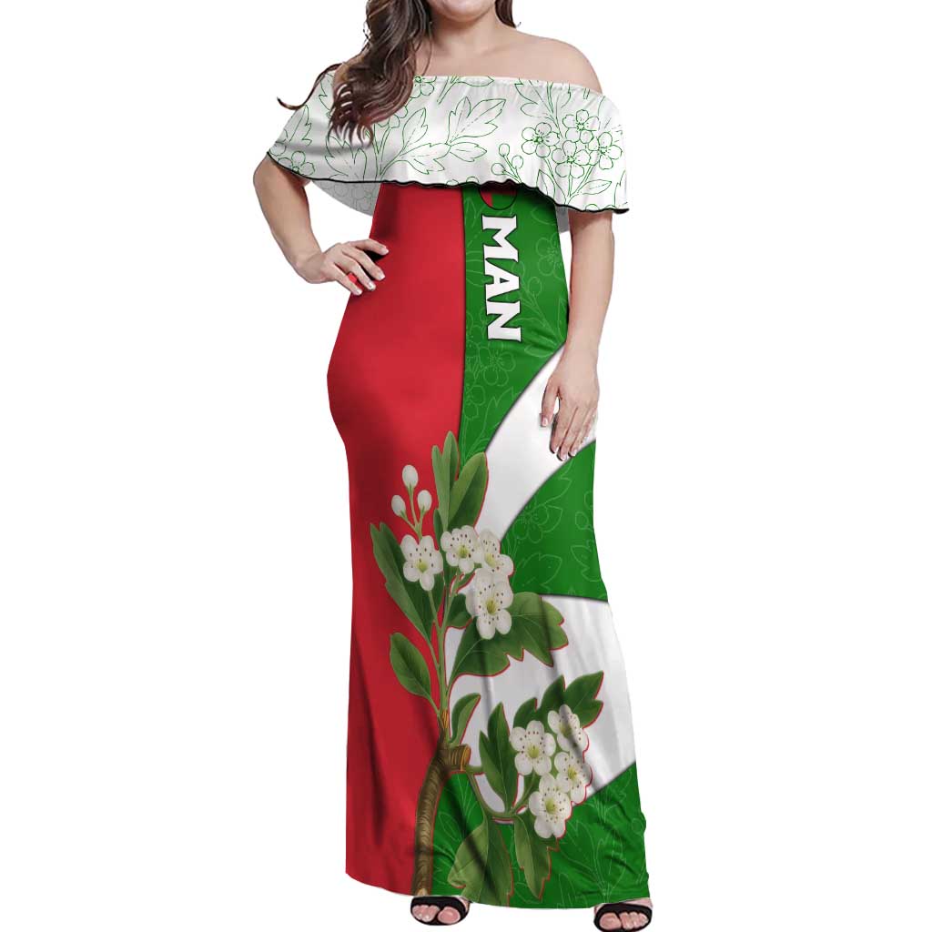 Oman Off Shoulder Maxi Dress with White Blossom Floral Design and National Flag Colors