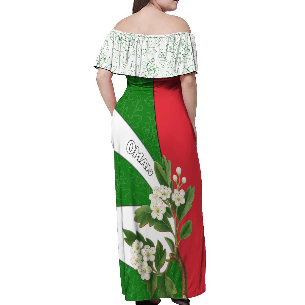 Oman Off Shoulder Maxi Dress with White Blossom Floral Design and National Flag Colors