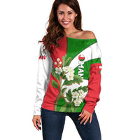 Oman Off Shoulder Sweater with White Blossom Floral Design and National Flag Colors