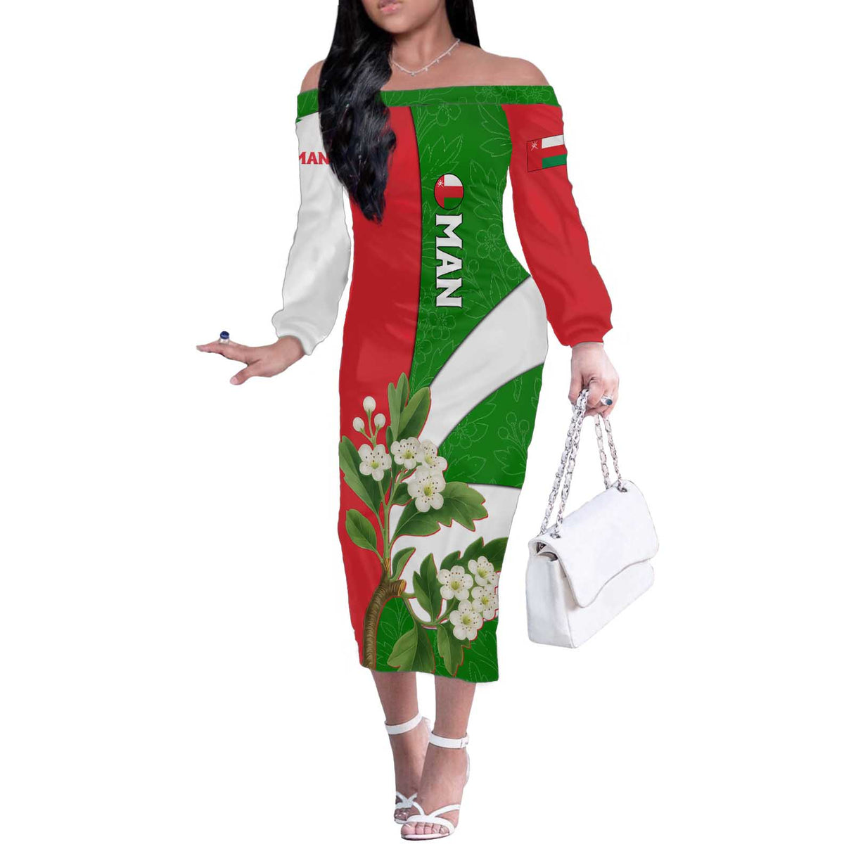 Oman Off The Shoulder Long Sleeve Dress with White Blossom Floral Design and National Flag Colors