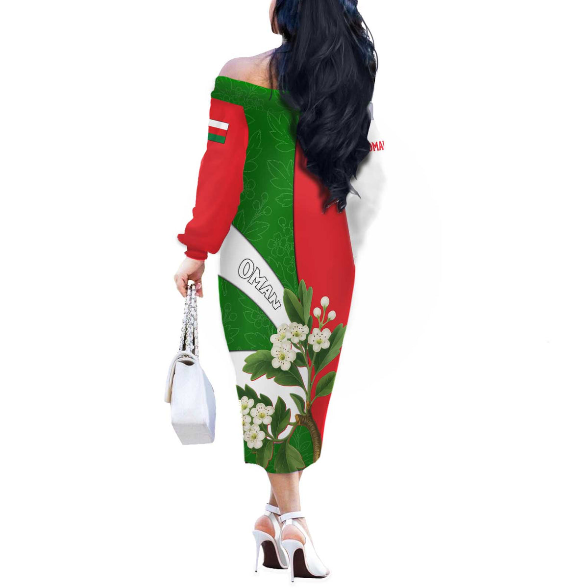 Oman Off The Shoulder Long Sleeve Dress with White Blossom Floral Design and National Flag Colors