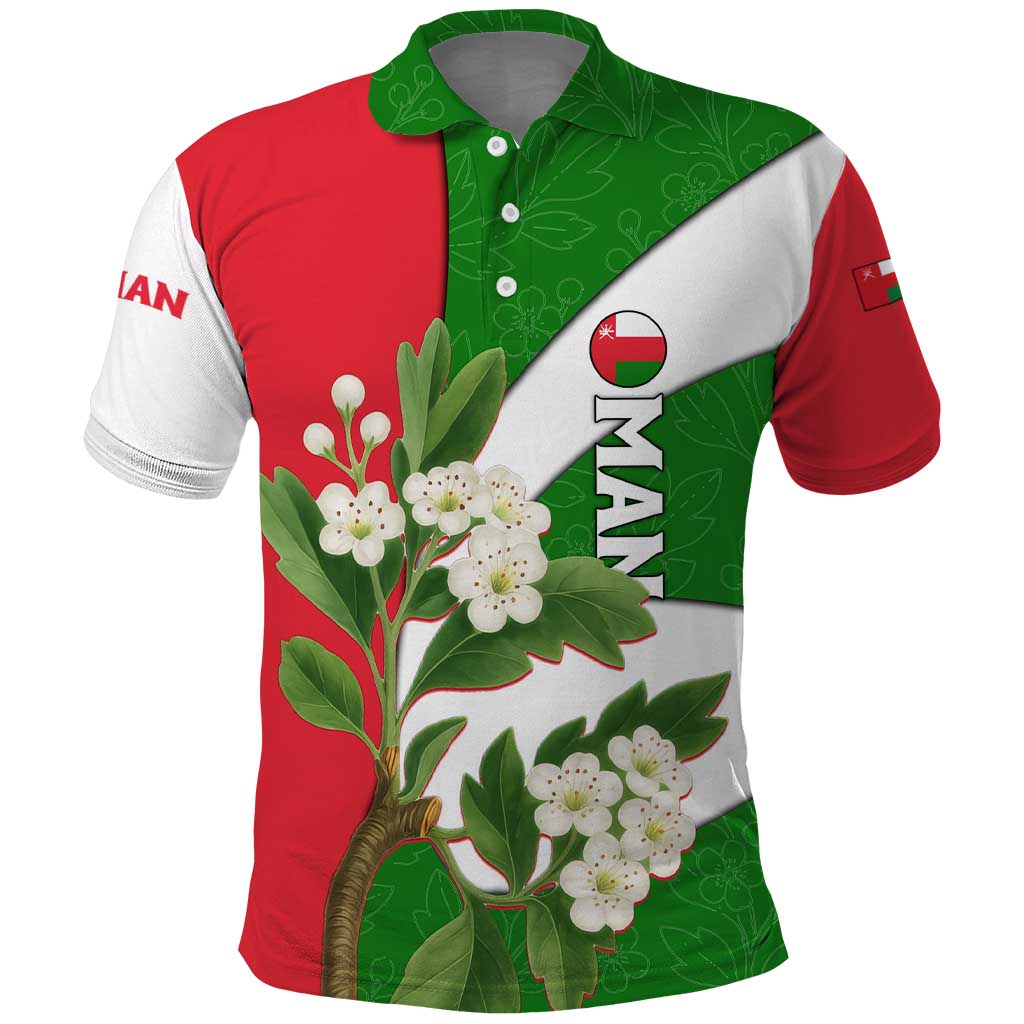 Oman Polo Shirt with White Blossom Floral Design and National Flag Colors