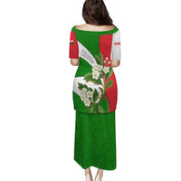 Oman Puletasi with White Blossom Floral Design and National Flag Colors